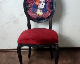 Uma bela cadeira, cadeira de sala de jantar eclética, glamour, cadeira de destaque, caveira mexicana.