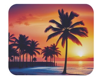 Pode incluir: Um pôr do sol vibrante sobre uma praia tropical com palmeiras silhuetas contra o céu laranja e rosa. O sol se põe sobre o oceano, lançando um brilho dourado na água.