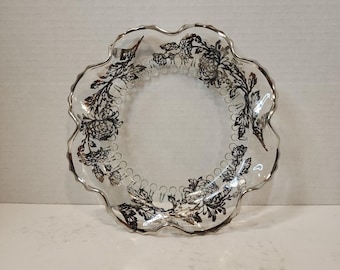 Vtg Silver Overlay Ruffle Edge Candy 8" Dish Plate Clear Glass Peonies Flowers
