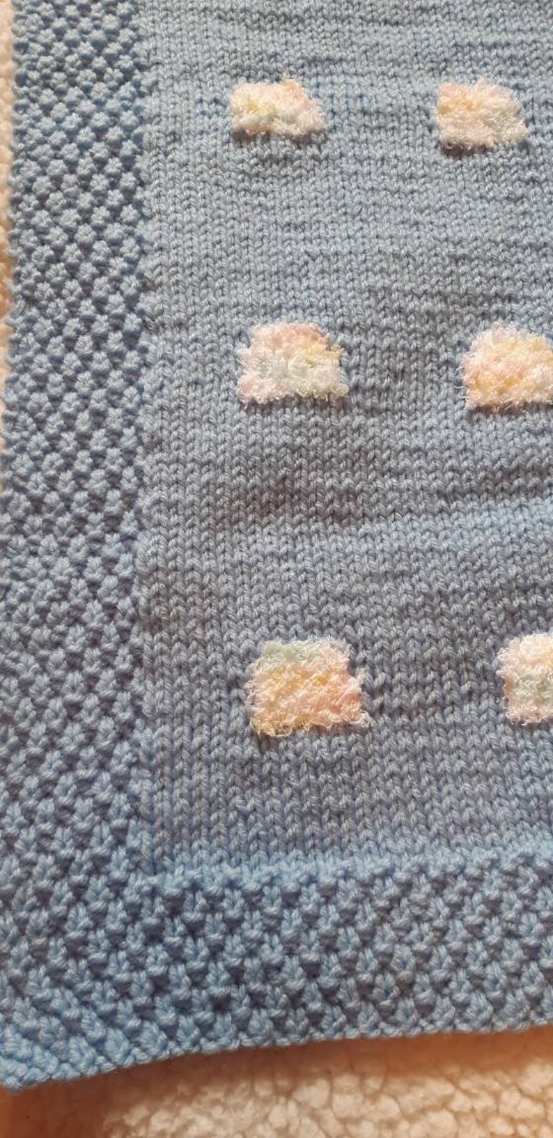 Car Seat Blanket Blue Sky Baby Blanket Rainbow Cloud Baby Blanket Seed Stitch Border Baby Blanket
