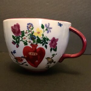 Anthropologie Cherche Mug, Nathalie Lete Titania, Floral, Love Birds, Butterfly Coffee Cup, Embossed Flowers