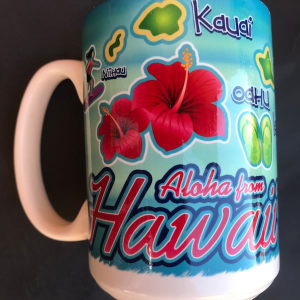 vintage Aloha d'Hawaï grande tasse à café, tasse Cuppa des dessins et des noms des îles hawaïennes, trouvaille rare