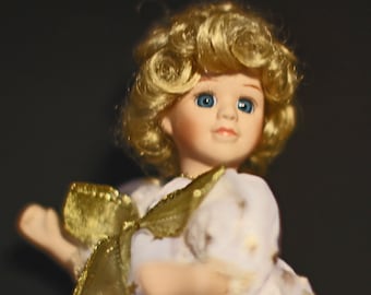 Delton 8.5" Blond Porcelain Doll in White & Gold Dress, Holiday Doll, Christmas Decor Doll, Pretty/Fancy/Beautiful/Angelic Doll