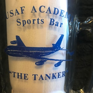 USAF Academy Sports Bar “The Tanker” Clear Glass 8” high Stein, United States Air Force Academy Beer Mug, Military Academy Tankard