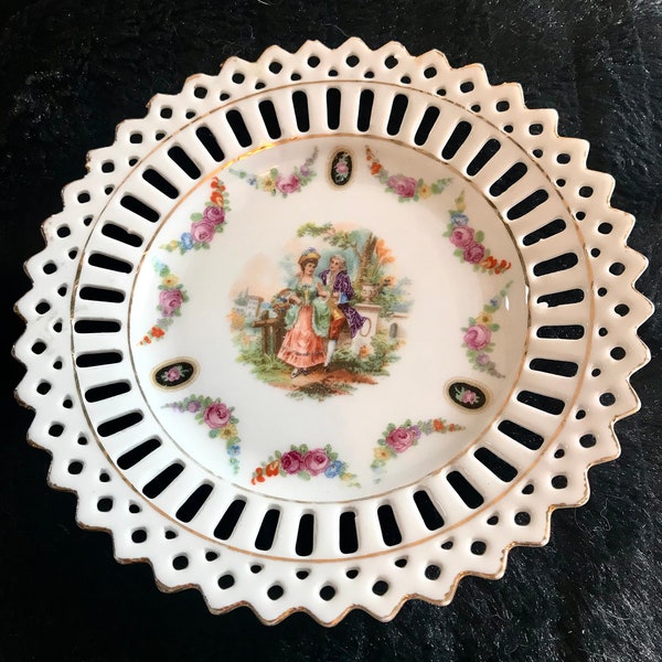 Vintage German Decorative Plate, 5.5 inch Fancy Victorian Style Plate, White Lace Edged Plate, Ring Dish