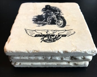 Vintage 3 posavasos de piedra de motocicleta con fondo de corcho, 3 posavasos con diferentes imágenes