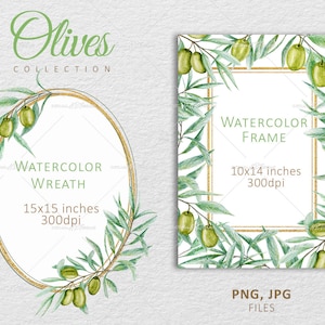 Clipart cadre doré verdure, bordure photo numérique de mariage, couronne de fleurs d'olives vertes pour les invitations et cartes de remerciement, téléchargement immédiat
