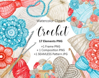 Watercolor Crochet logotype Clipart Hobby Crocheting, hook, Wool Yarn Set, seamless Pattern, needlework clipart digital Instant Download