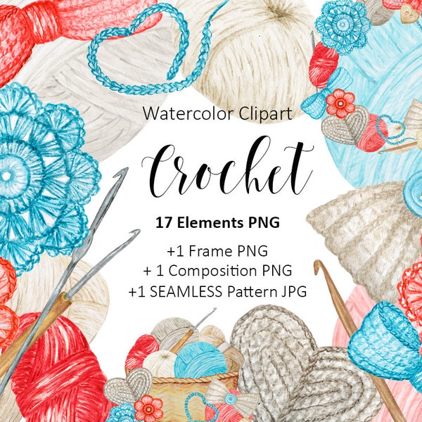 Watercolor Crochet logotype Clipart Hobby Crocheting, hook, Wool Yarn Set, seamless Pattern, needlework clipart digital Instant Download