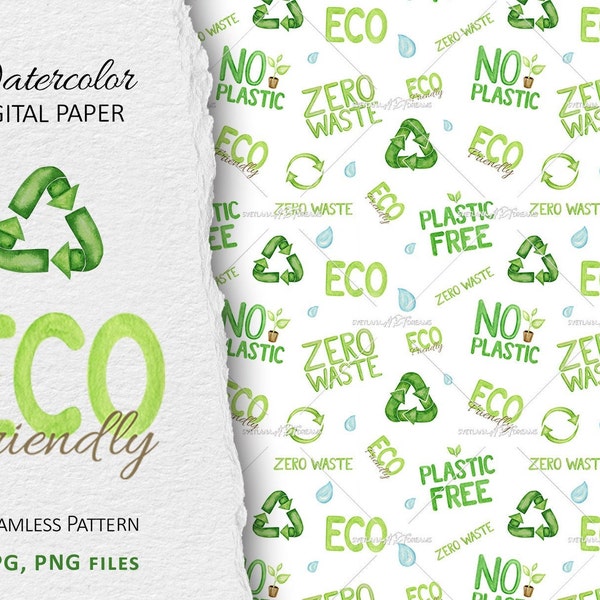 Earth friendly digital paper clipart, Zero Waste living pattern Watercolor Eco Go Green Reuse Recycled icon scrapbook print Instant Download