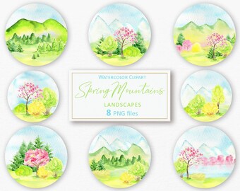 Watercolor Spring Mountain Clipart: Trees & Hills (PNG Digital Download)