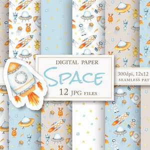Paquete de papel digital con acuarela espacial, archivos con patrones sin costuras del espacio exterior, páginas de álbumes de recortes, diseño de tela de astronauta alienígena, descarga instantánea