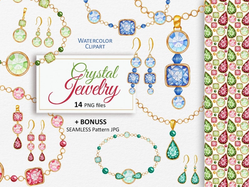 Crystal Diamonds Jewelry Clipart Watercolor Set for Shop Logo Design ...