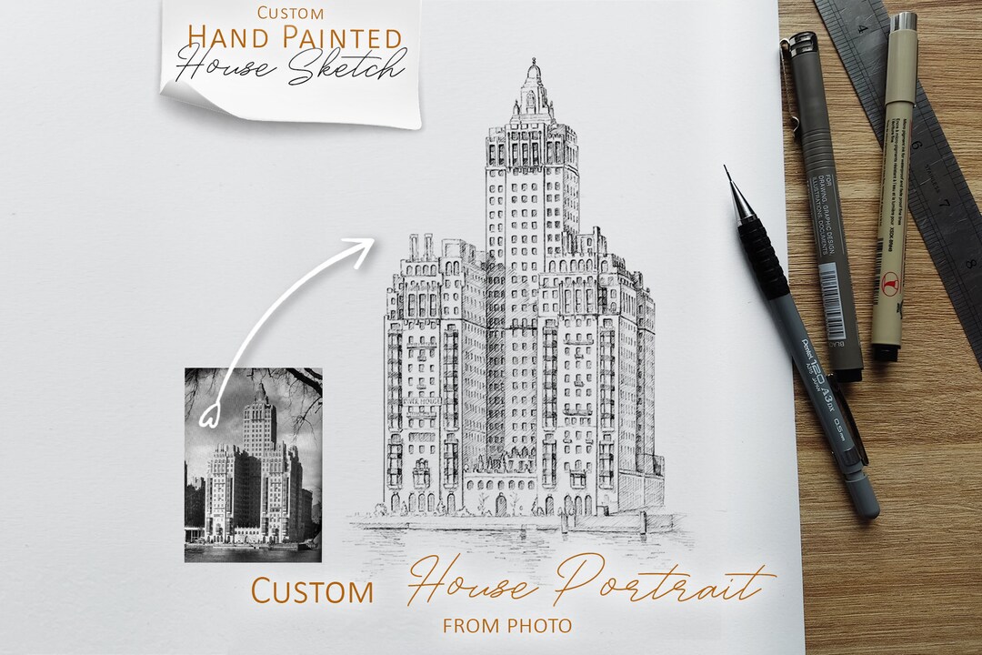 Drawing From Photo Custom House Portrait Sketch, Home Line Art Ink ...