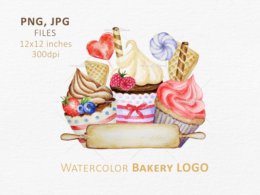 pink watercolour bakery logo | etsy | cake logo... Watercolor Bakery Logo Design: Cakes, Cookies, Sweets (digital Download ...