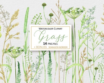 Aquarelle herbe des cliparts, bordure de l'herbe des prés, dessins en sublimation PNG d'herbe sauvage, herbes de verdure d'été Téléchargement instantané numérique 96