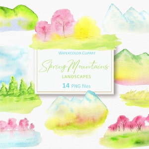 Watercolor Spring Mountains Landscape clipart, Spring trees, Hills clip art, Wild forest nature digital Png INSTANT Download 75