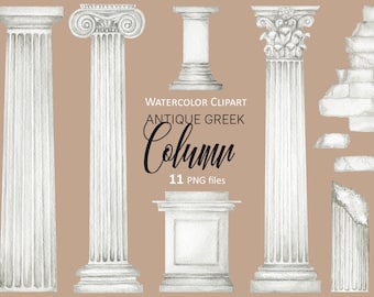 Ancient Greek column watercolor clipart, Greece Antique Architecture, Rome sculpture PNG sublimation design digital instant Download 94