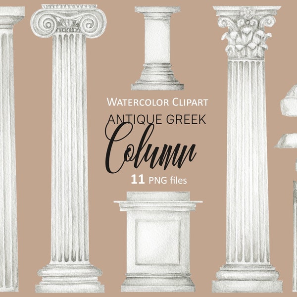 Ancient Greek column watercolor clipart, Greece Antique Architecture, Rome sculpture PNG sublimation design digital instant Download 94