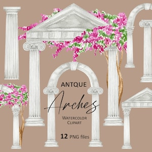 Clipart aquarelle antique Arch Colonne grecque antique, Rome Grèce Architecture antique, mariage Arches cadres PNG numérique Téléchargement instantané