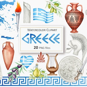 Griechenland Aquarell Clipart Flaggen, Karte, antike griechische Säule, Statue, antike griechische Vasen, Harfe PNG Sublimation digitaler sofortiger Download 95