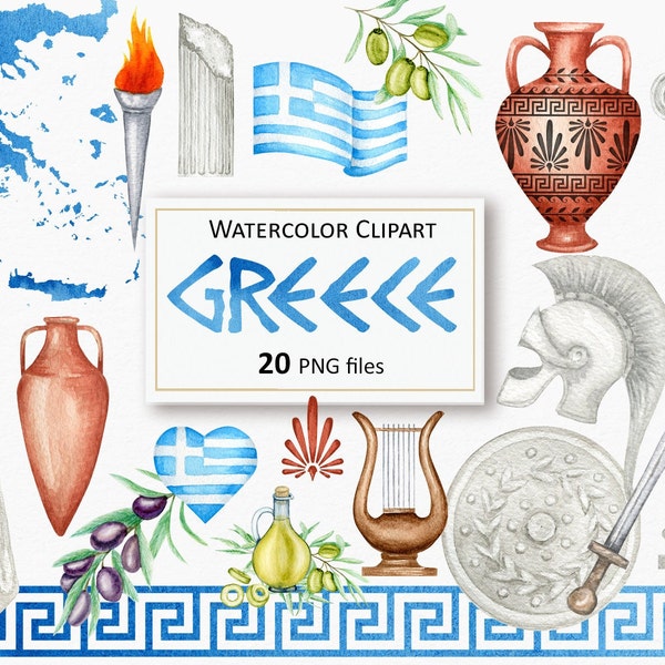 Greece Watercolor Clipart flags, map, Ancient Greek column, statue, Antique Greece vases, harp PNG sublimation digital instant Download 95