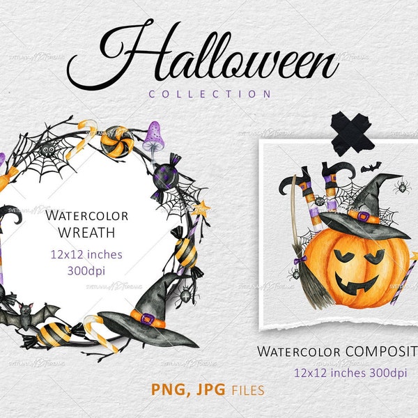 Halloween Wreath PNG Clipart, Watercolor Autumn Halloween signs pumpkins, witch, candies, spider, Digital frame sublimation INSTANT DOWNLOAD