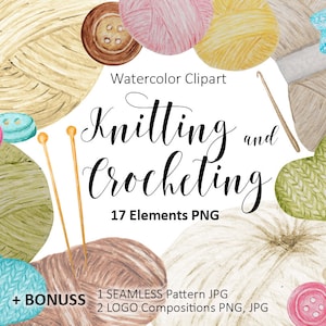 Aquarell Clip Art Hobby Stricken und Häkeln, Handarbeit Clipart, Wolle Garn Cute Set, nahtlose digitales Papier zum sofortigen Download