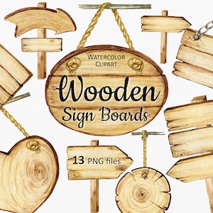 Imágenes prediseñadas de letreros de madera de acuarela, tableros de flechas de madera, letreros de tablones de madera rústica, marcos de letreros de madera, bordes de boda, descarga instantánea