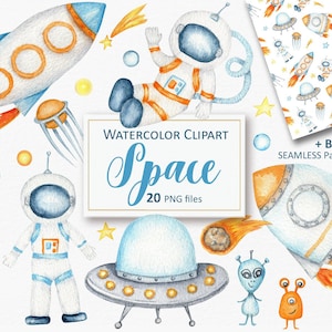 Watercolor Space Clipart, Astronaut Spaceship Rocket Stars Alien PNG Sublimation files, Outer space Digital paper scrapbook Instant Download