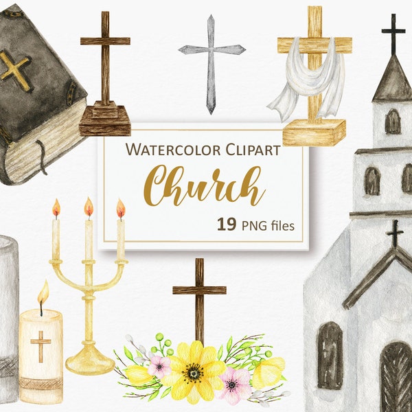 Watercolor Christian Church PNG Clipart. Religious Event decor, Catholic crosses. Digital Baptism, first communion card Instant Download