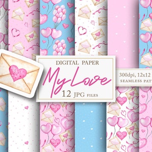 Valentijnsdag digitaal papierpakket, liefdesharten aquarel naadloze patronen, romantische bruiloft plakboek achtergrond clipart INSTANT DOWNLOAD