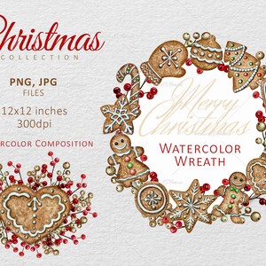 Guirlanda de Natal em aquarela PNG, Moldura para biscoitos de gengibre, Clipart para confeitaria, Guirlanda de Natal e Inverno para sublimação, Download digital instantâneo