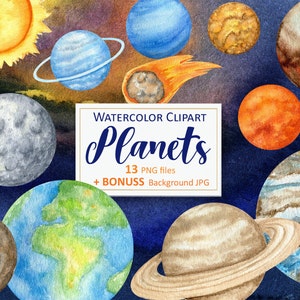 Clipart planètes du système solaire, aquarelle galaxie de l'espace extra-atmosphérique clipart PNG terre lune Jupiter Pluton soleil Saturne, papier numérique téléchargement immédiat