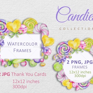 Logotipo em aquarela de doces doces, design de marca para loja de molduras de guirlanda de doces, negócios de pirulitos, cartões de agradecimento para download digital instantâneo