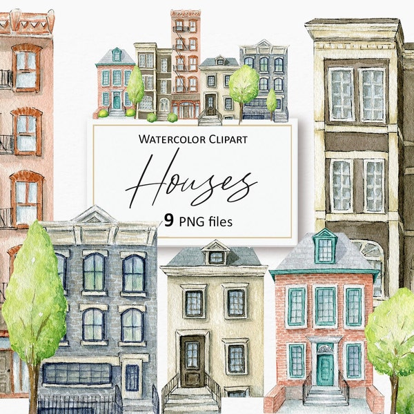 Watercolor City HOUSE clipart, village Houses Cottages clipart, Home Sweet Home illustration, PNG digital files instant Download 113