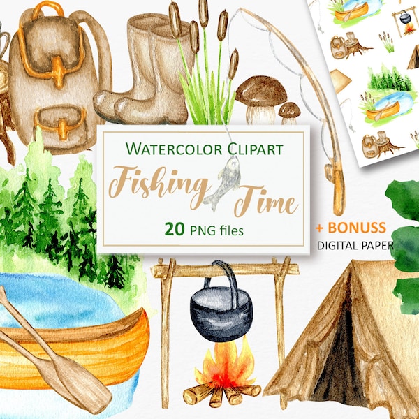 Watercolor Travel clipart Png, Fishing clip art Summer woodland cute sublimation, Camping boat Digital paper scrapbook Instant Download