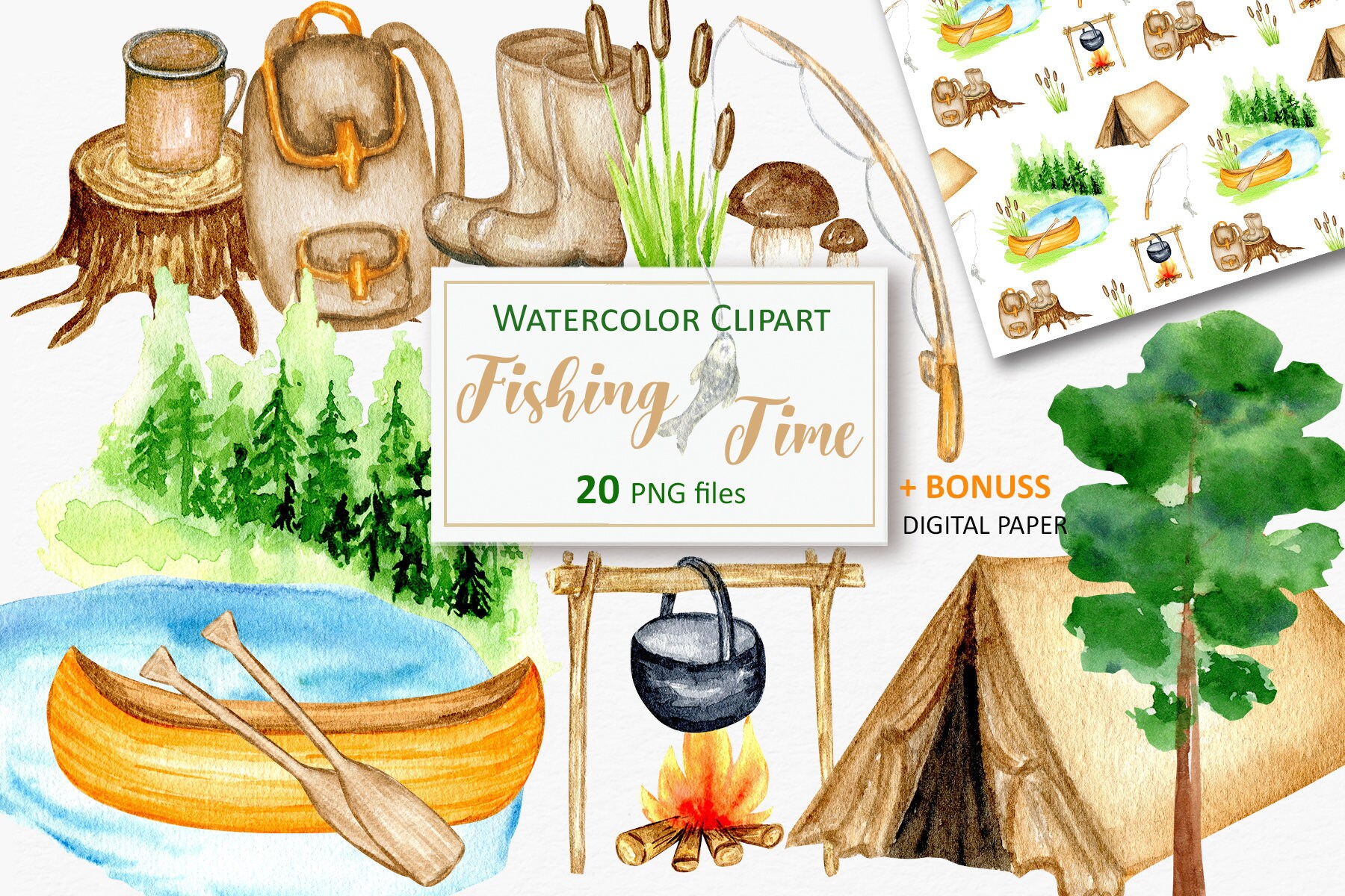 Watercolor Travel Clipart Png, Fishing Clip Art Summer Woodland Cute