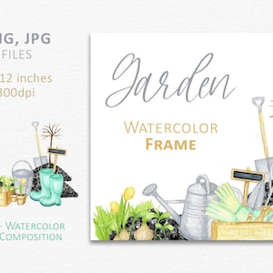 Marco de jardinería de acuarela PNG clipart, diseño de logotipo de herramientas de jardinería para marca de tienda, pegatina, etiqueta Descarga instantánea de estilo enorme