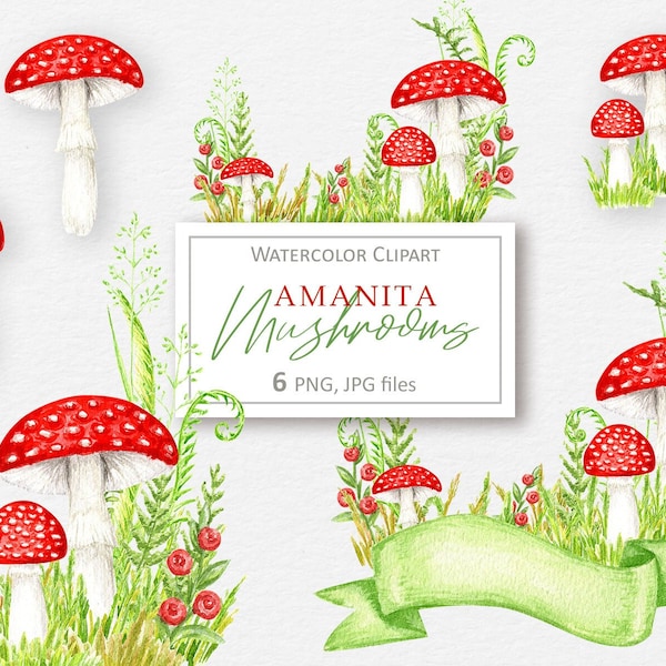 Amanita Pilze Aquarell Clipart, Herbst Wald Fliegenpilz Herbst Clip Art, Halloween Amanita Muscaria Pilz PNG Sublimation Design #99