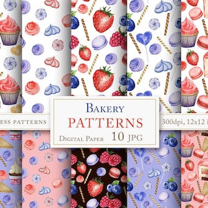 Pastelería Dulce PAPEL DIGITAL Acuarela, fondo de patrones sin costuras de álbum de recortes, papel de bayas de frutas para hornear, descarga digital instantánea