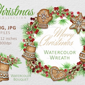 Guirlanda de Natal em aquarela Biscoitos de gengibre Assando Clipart, Sino de inverno, moldura de convite de pinho e frutas vermelhas PNG Download digital instantâneo