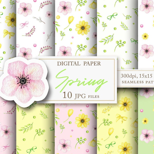 Watercolor spring floral digital paper pack, flowers Scrapbook background clipart, fabric design, seamless pattern INSTANT Download
