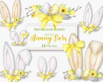 Watercolor Easter Bunny Ears Clipart: Spring Flowers (PNG Digital Download)