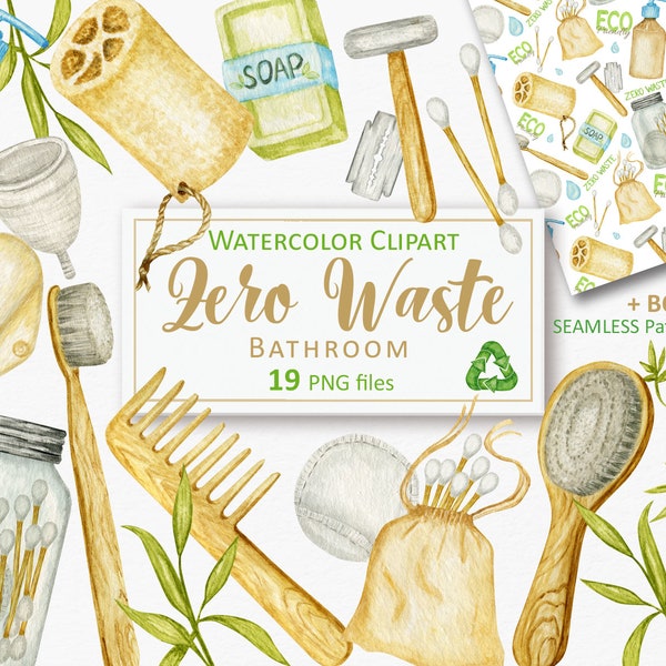 Zero Waste Lifestyle clipart, Watercolor Eco Friendly Bathroom PNG clip art, organic Sustainable living, digital paper Instant Download 072