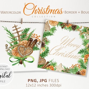 Cornice natalizia png card clipart, biglietto stampabile con bordo acquerello, cornice per social media Boho Greenery, bouquet natalizio download immediato 032