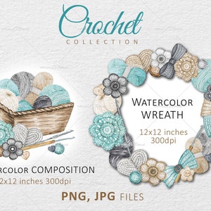 Aquarell Logo gehäkelt, Clipart, Hobby Häkeln und Stricken Kranz PNG Logo, Wollgarn Rahmen, Sofort Download