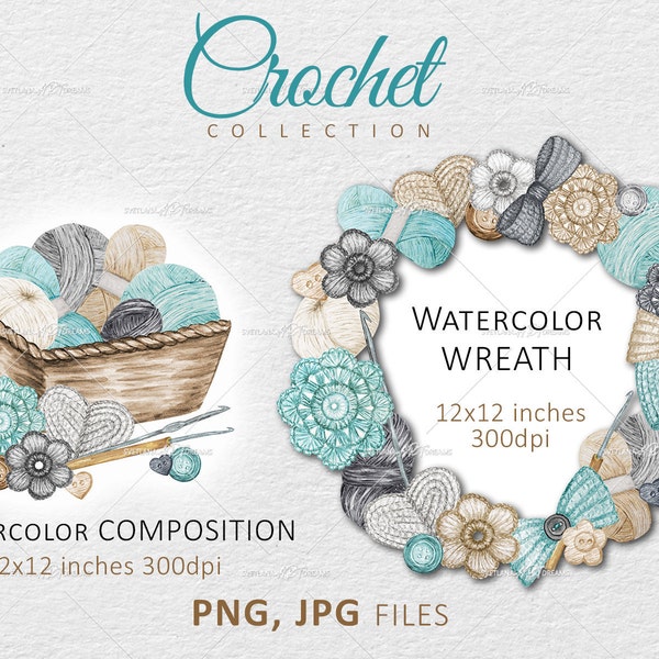 Crochet Watercolor logo Clipart, Hobby Crocheting and knitting wreath PNG logotype, shop brending Wool Yarn frame, digital Instant Download