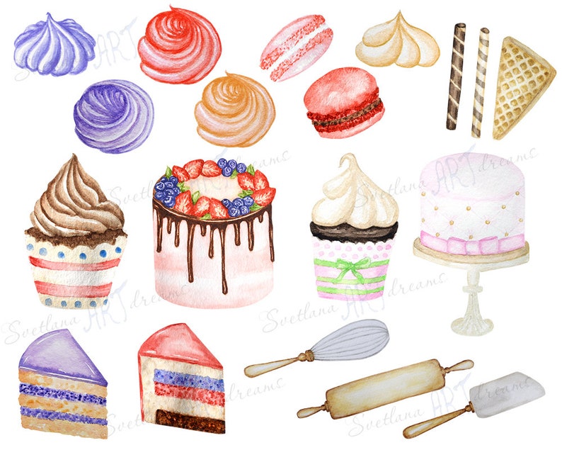 Backen Aquarell Clipart Kuchen Dessert Cookies Süßigkeiten ...