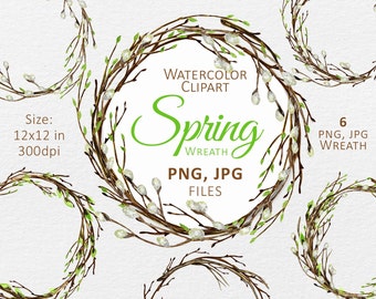 Spring wreath PNG clipart, Watercolor Easter willow branches frame, Digital Holiday Card Instant Download